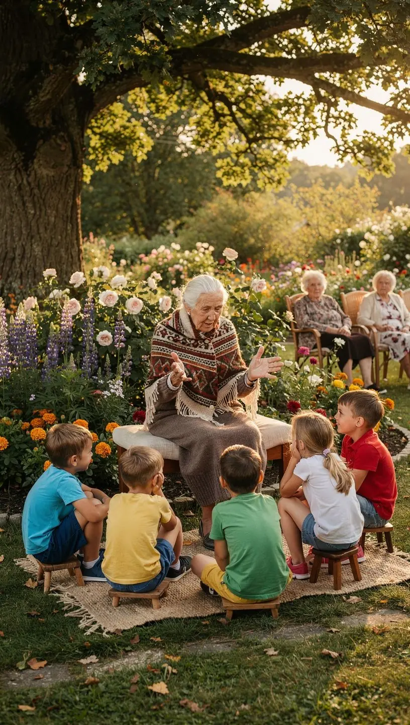 Senjorų grupė, besimėgaujanti poilsio momentu sanatorijoje, su gražiu kraštovaizdžiu fone.